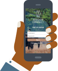 Hand with phone with app running on it.